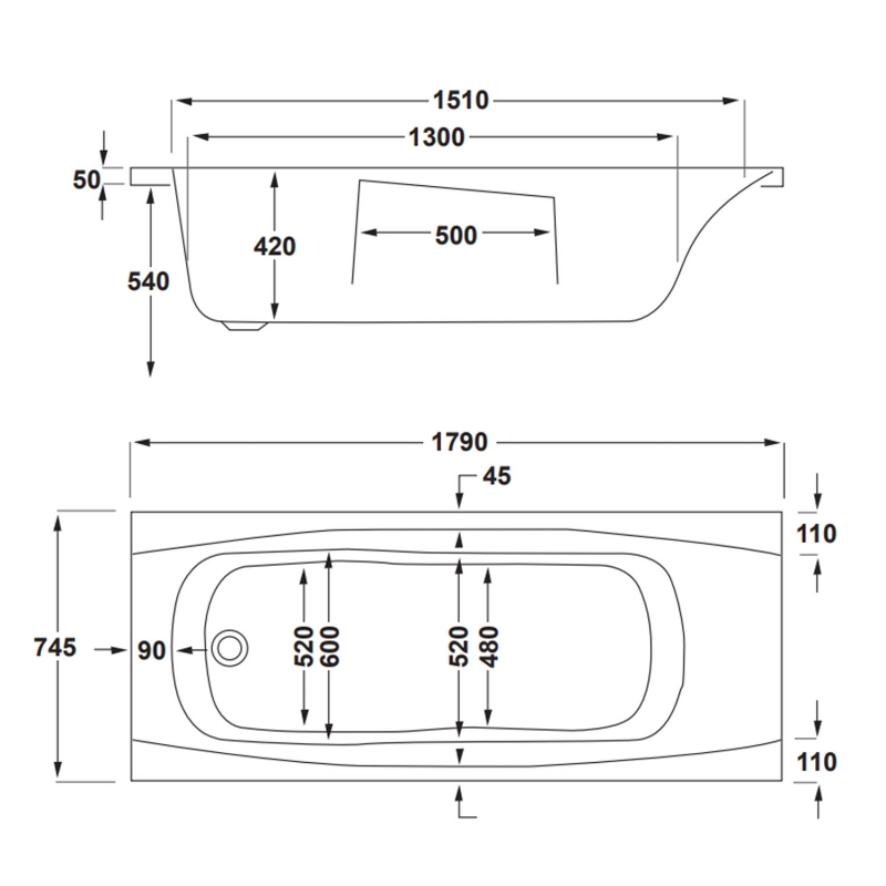 Carron Imperial Single Ended Rectangular Bath with Twin Grips 1800mm x 750mm - 5mm Acrylic  | Dimension Image