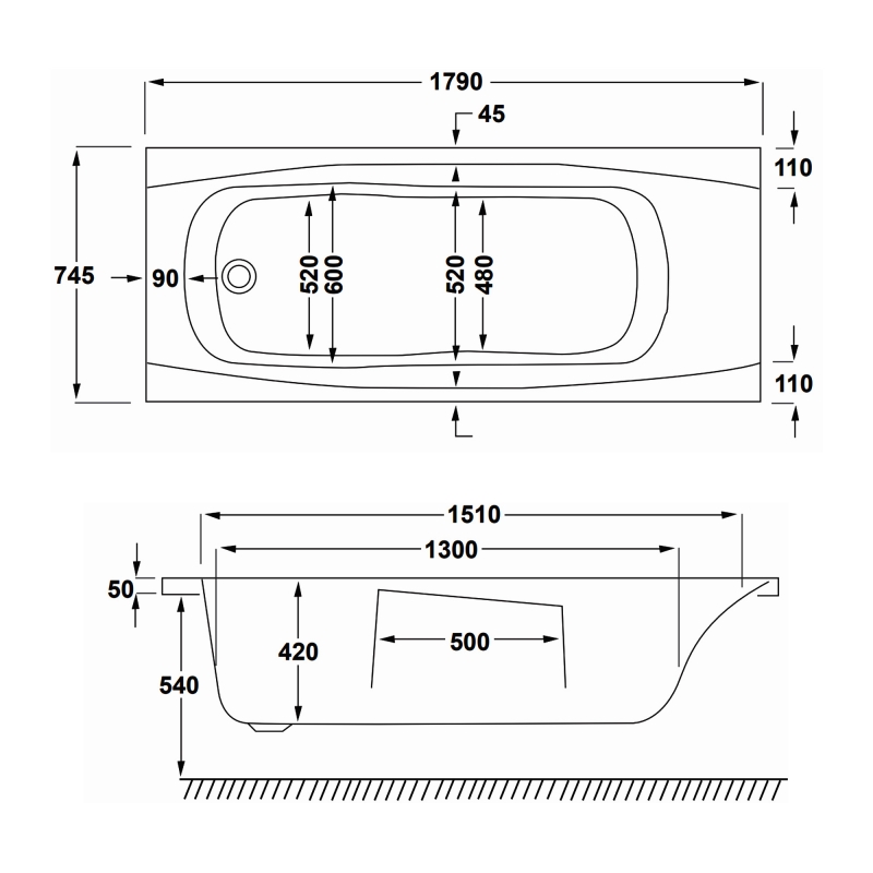 Carron Imperial Single Ended Rectangular Bath with Twin Grips 1800mm x 750mm - Carronite  | Dimension Image