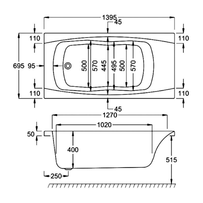 Carron Imperial Single Ended Rectangular Bath with Twin Grips 1400mm x 700mm - 5mm Acrylic