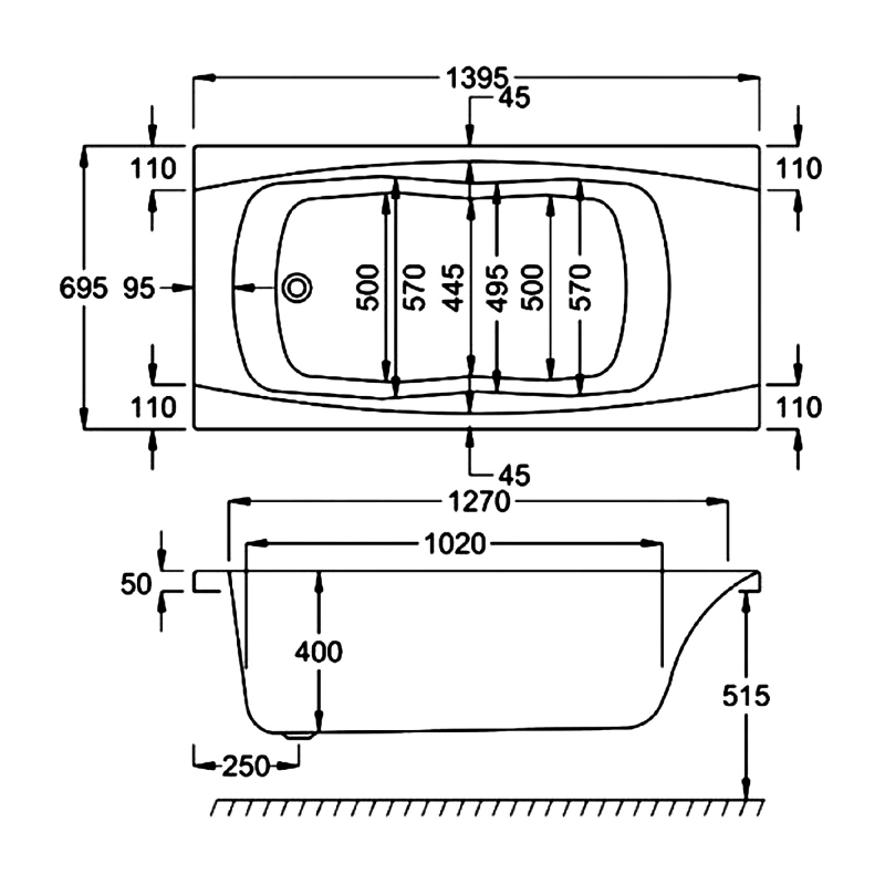 Carron Imperial Single Ended Rectangular Bath with Twin Grips 1400mm x 700mm - Carronite  | Dimension Image