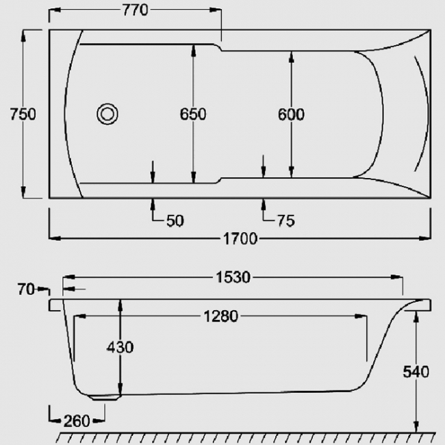 Carron Index Single Ended Rectangular Bath 1700mm x 750mm - Carronite