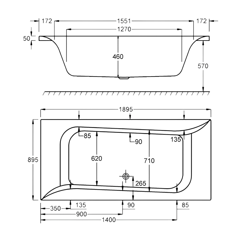 Carron Linea Double Ended Rectangular Bath 1900mm x 900mm - 5mm Acrylic