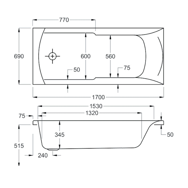 Carron Matrix Single Ended Rectangular Bath 1700mm x 700mm - 5mm Acrylic