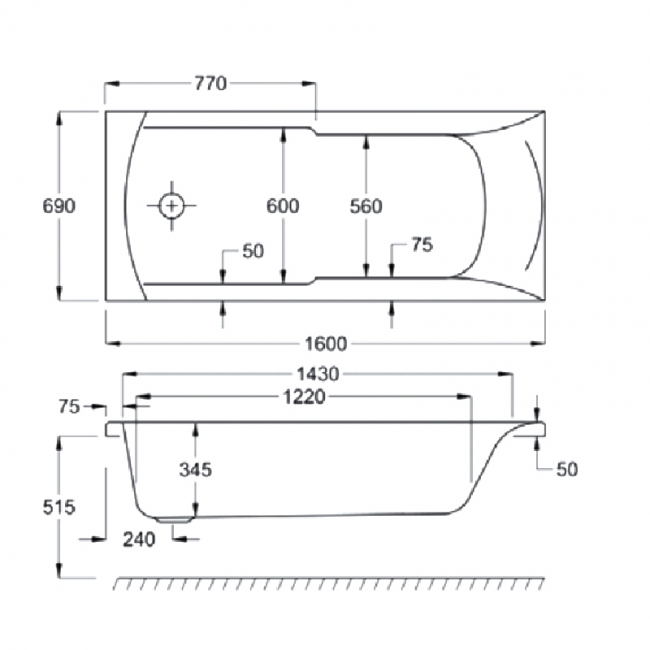 Carron Matrix Single Ended Rectangular Bath 1600mm x 700mm - Carronite
