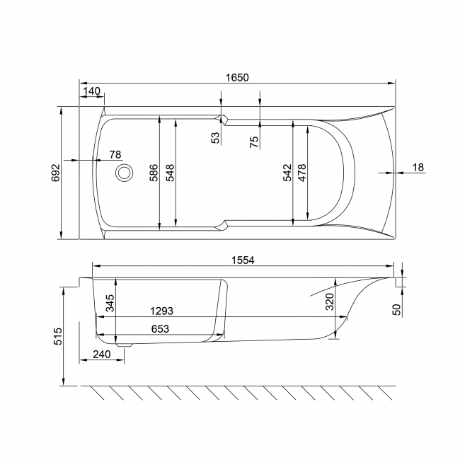 Carron Matrix Single Ended Rectangular Bath 1650mm x 700mm - Carronite  | Dimension Image