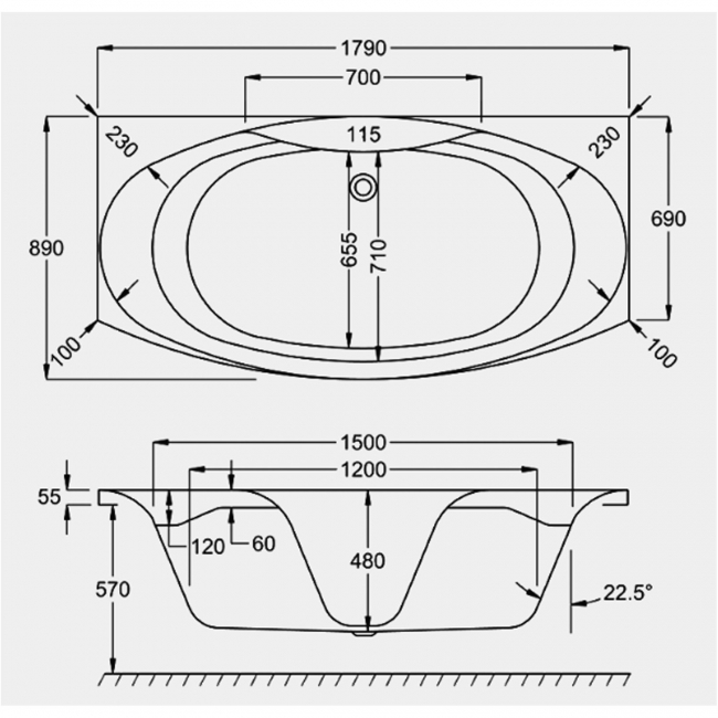 Carron Mistral Bow Front Rectangular Bath 1800mm x 700/900mm - Carronite  | Dimension Image