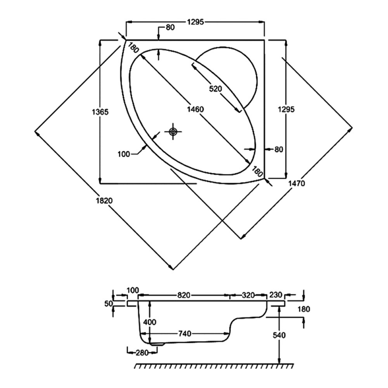 Carron Monarch Double Ended Corner Bath 1300mm x 1300mm - 5mm Acrylic