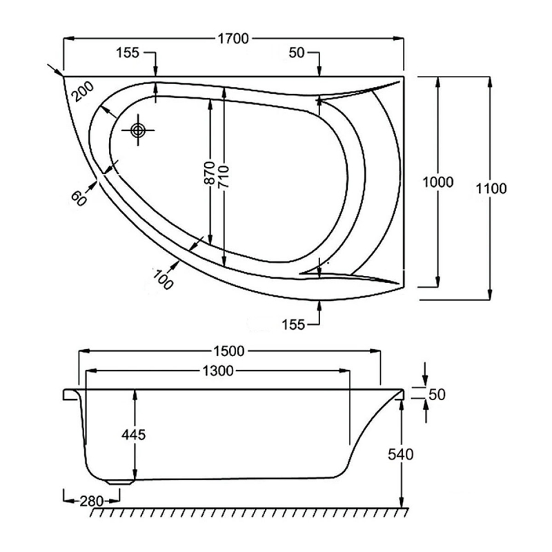 Carron Omega Corner Bath 1700mm x 1000mm Left Handed - 5mm Acrylic