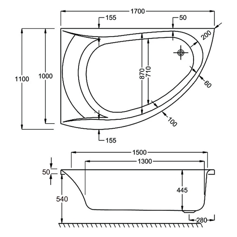 Carron Omega Single Ended Corner Bath 1700mm x 1000mm Right Handed - 5mm Acrylic