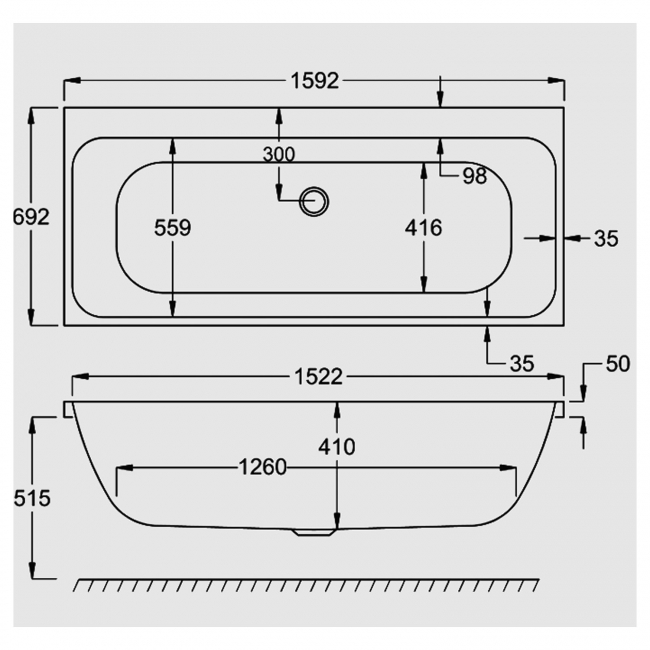 Carron Profile Double Ended Rectangular Bath 1600mm x 700mm - 5mm Acrylic