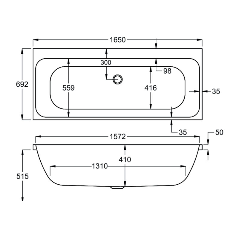 Carron Profile Double Ended Rectangular Bath 1650mm x 700mm - 5mm Acrylic