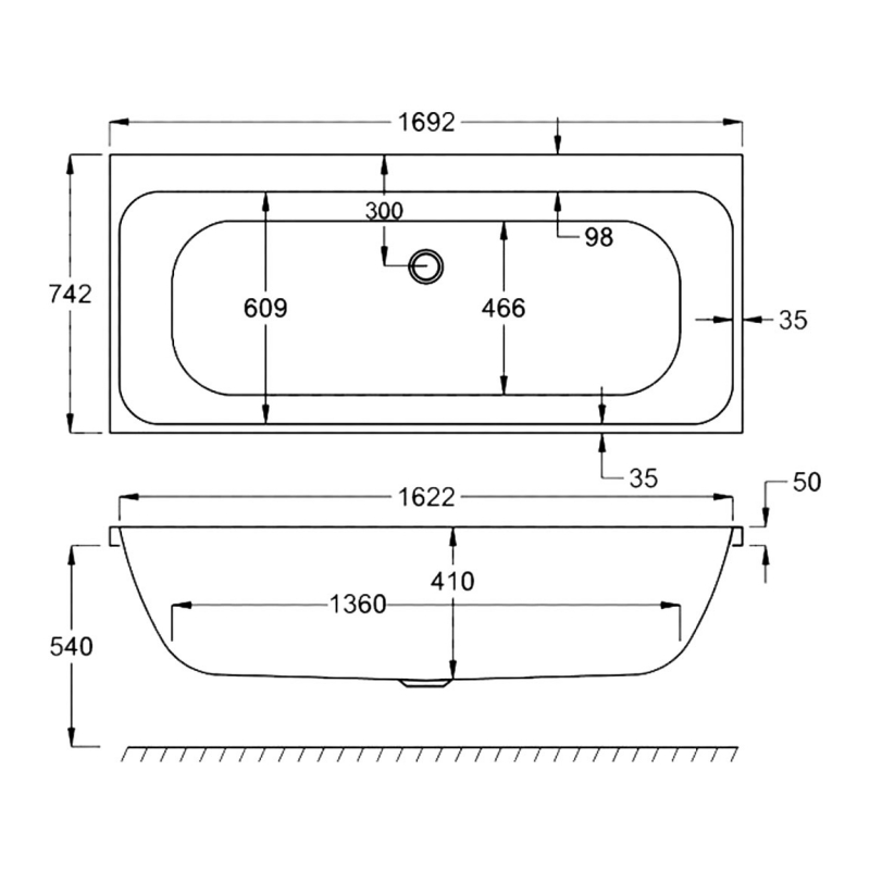 Carron Profile Double Ended Rectangular Bath 1700mm x 750mm - 5mm Acrylic