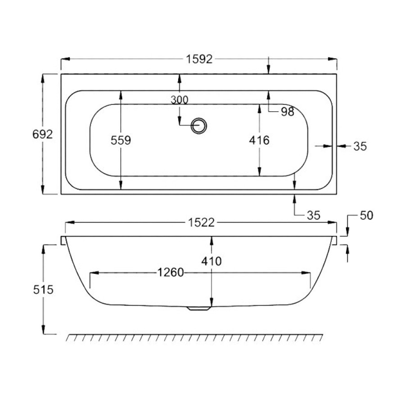 Carron Profile Double Ended Rectangular Bath 1600mm x 700mm - Carronite