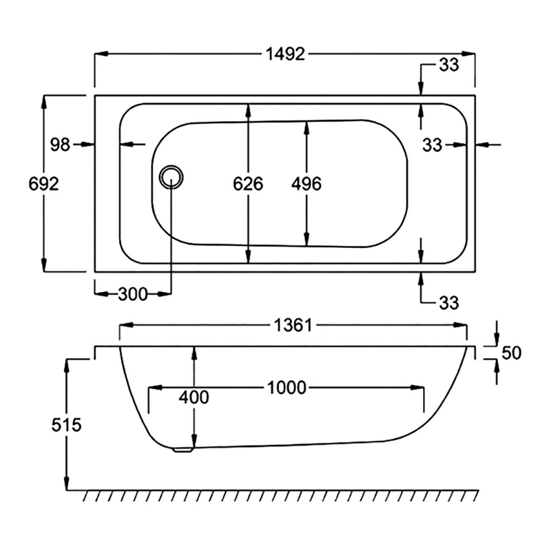 Carron Profile Single Ended Rectangular Bath 1500mm x 700mm - Carronite