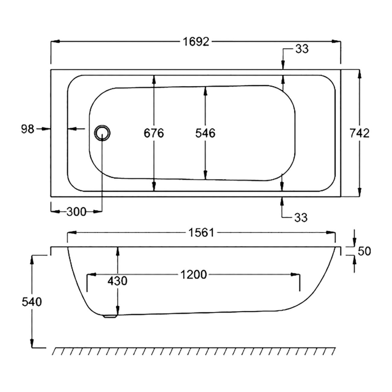 Carron Profile Single Ended Rectangular Bath 1700mm x 750mm - Carronite