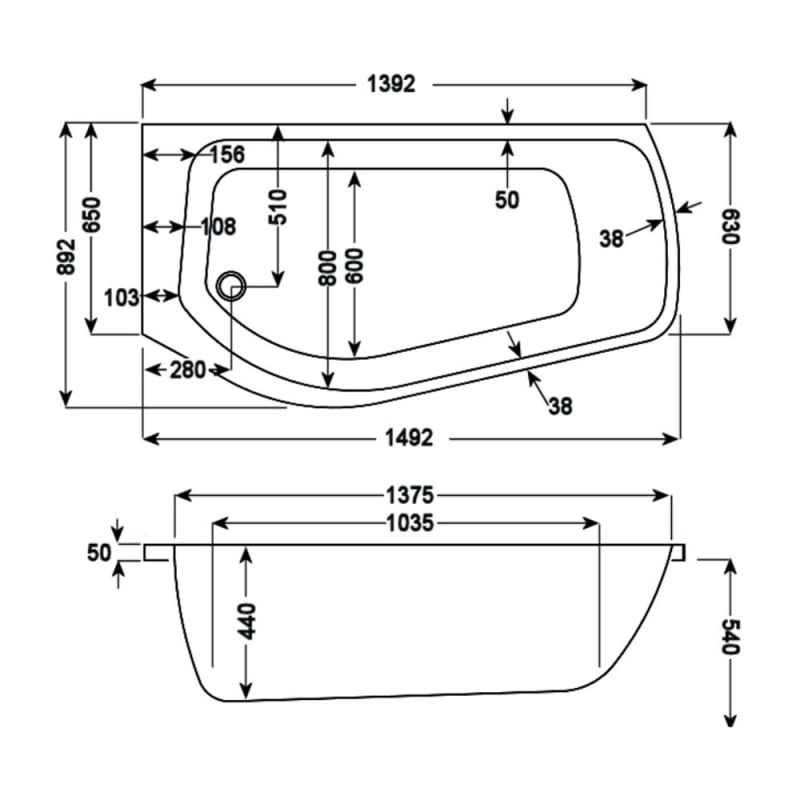 Carron Profile Single Ended Shower Bath 1500mm x 900mm Left Handed - 5mm Acrylic