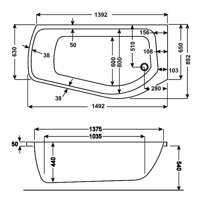 Carron Profile Single Ended Shower Bath 1500mm x 900mm Right Handed - 5mm Acrylic