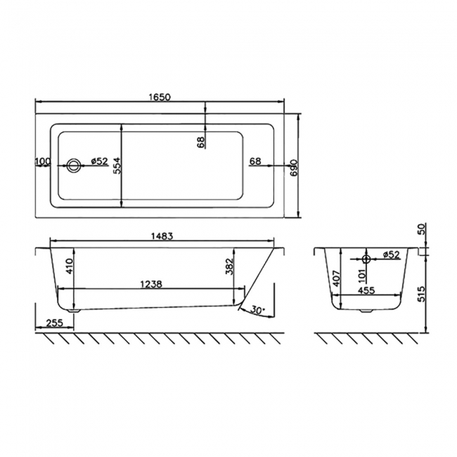 Carron Quantum Single Ended Rectangular Bath 1650mm x 700mm - Carronite  | Dimension Image