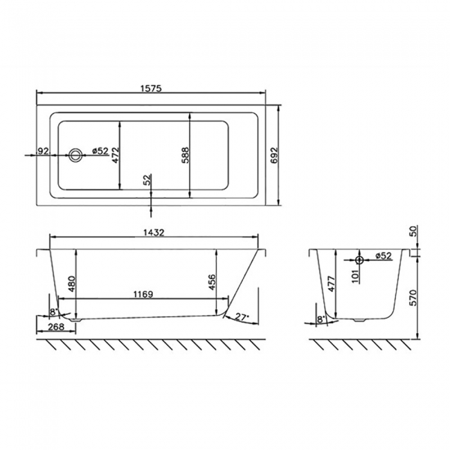 Carron Quantum Single Ended Rectangular Bath 1575mm x 700mm - Carronite  | Dimension Image