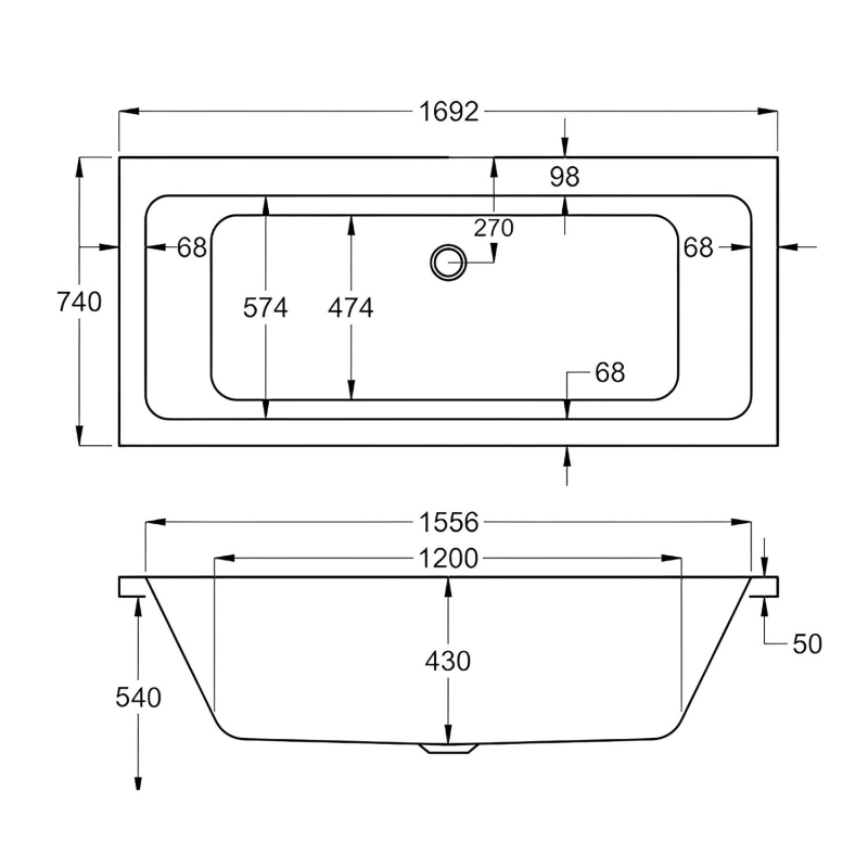 Carron Quantum Double Ended Rectangular Bath 1700mm x 750mm - 5mm Acrylic