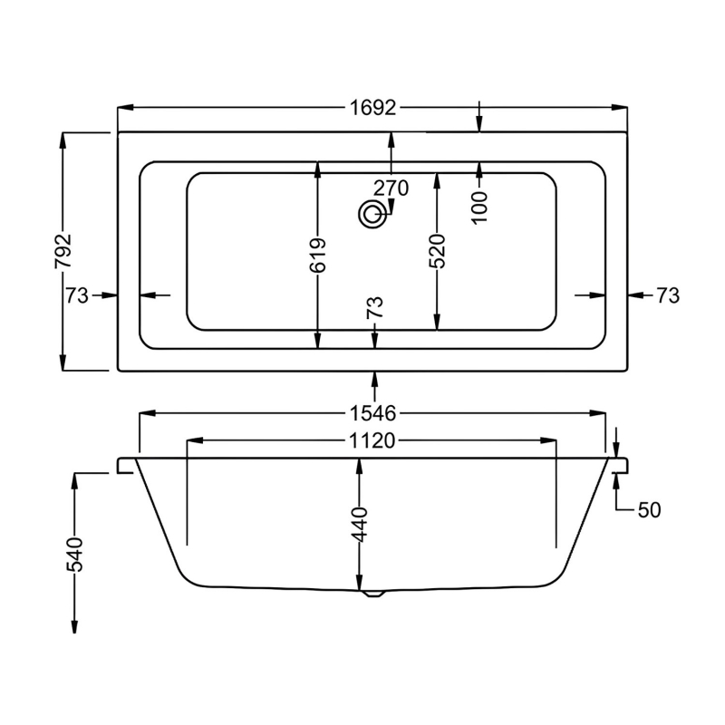 Carron Quantum Double Ended Rectangular Bath 1700mm x 800mm - 5mm Acrylic