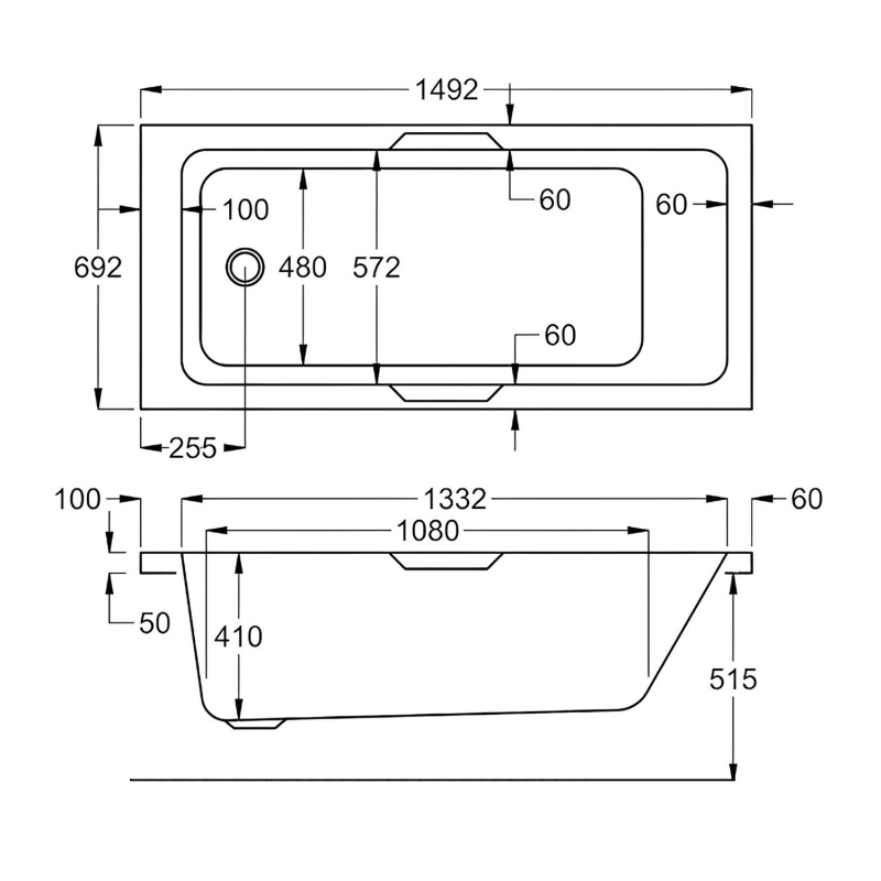 Carron Quantum Integra Rectangular Bath with Twin Grips 1500mm x 700mm - Carronite