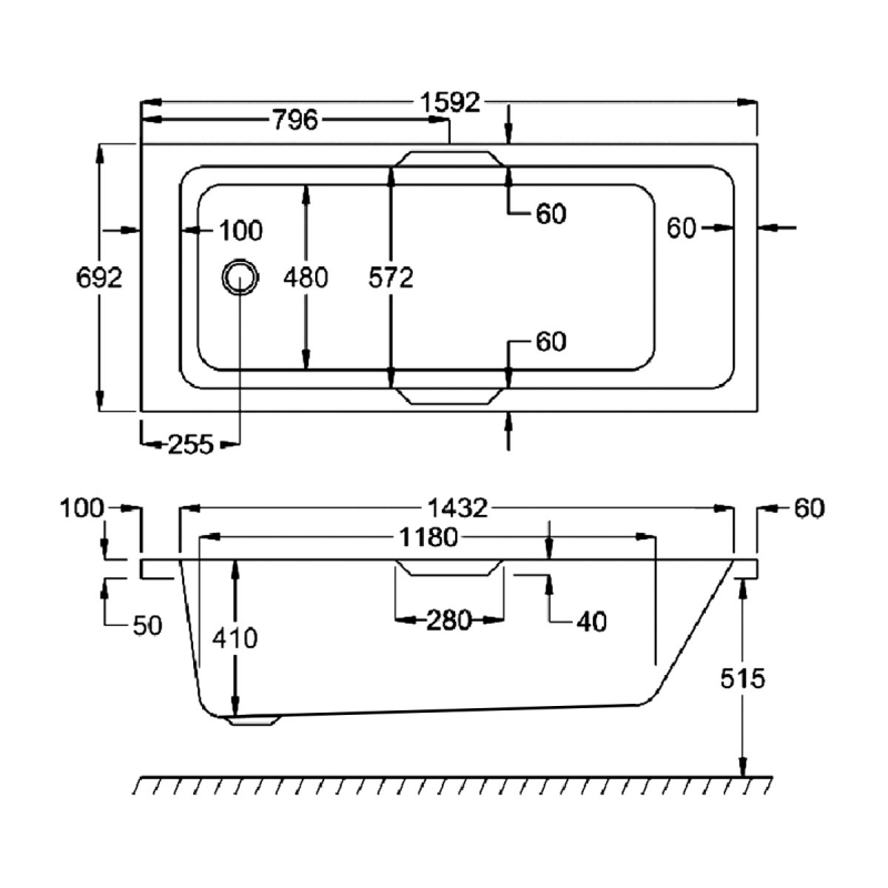 Carron Quantum Integra Rectangular Bath with Twin Grips 1600mm x 700mm - 5mm Acrylic