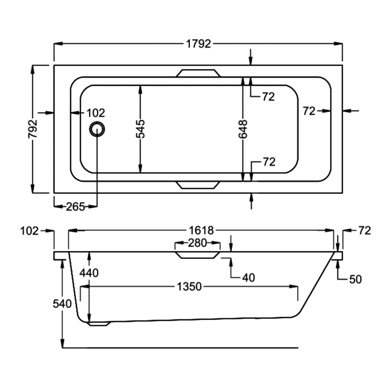 Carron Quantum Integra Rectangular Bath with Twin Grips 1800mm x 800mm - 5mm Acrylic