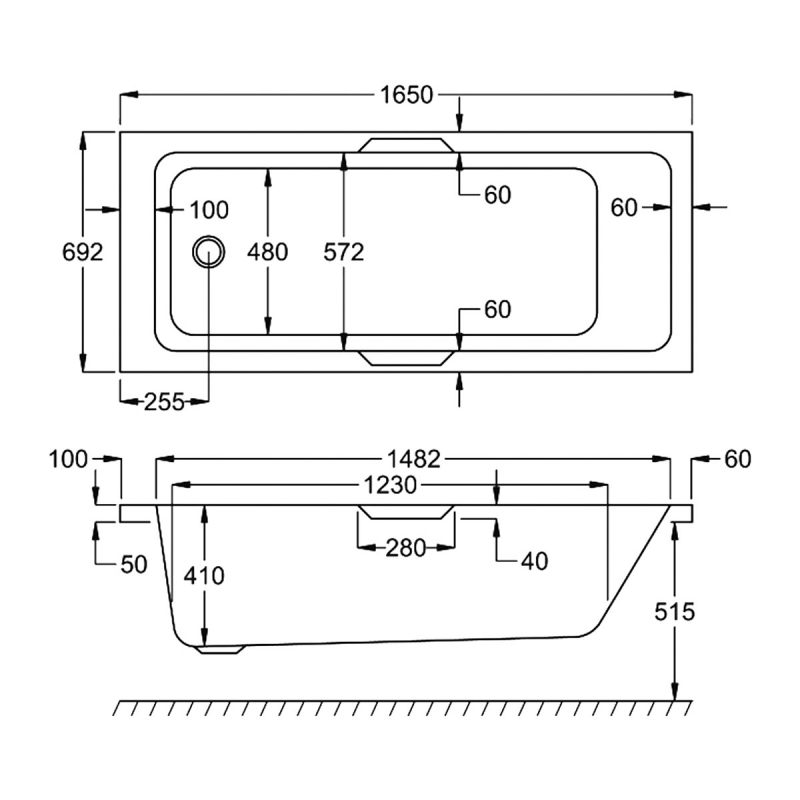 Carron Quantum Integra Rectangular Bath with Twin Grips 1650mm x 700mm - 5mm Acrylic