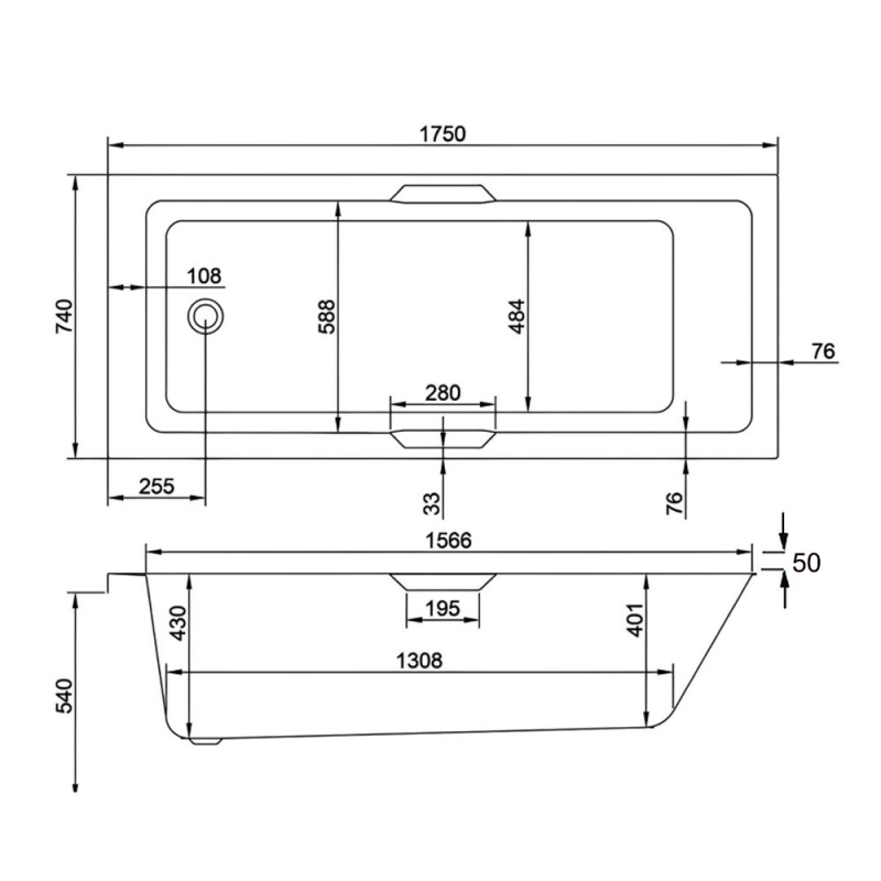 Carron Quantum Integra Rectangular Bath with Twin Grips 1750mm x 750mm - Carronite