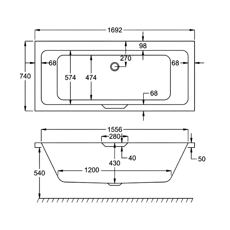 Carron Quantum Integra Double Ended Rectangular Bath with Single Grip 1700mm x 750mm - 5mm Acrylic