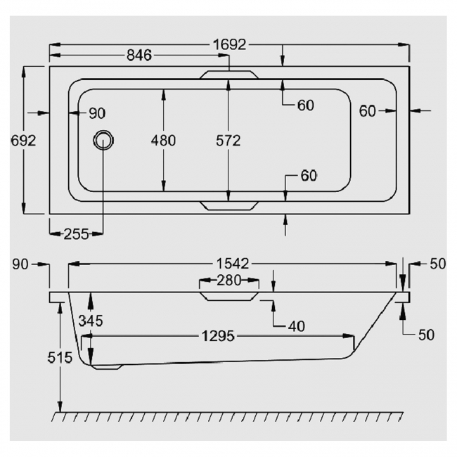 Carron Quantum Integra Eco Rectangular Bath with Twin Grips 1700mm x 700mm - Carronite  | Dimension Image