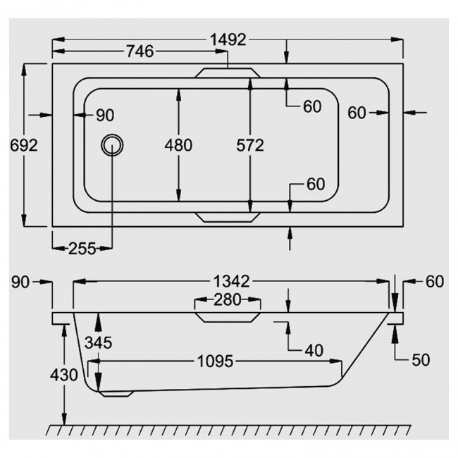 Carron Quantum Integra Eco Rectangular Bath with Twin Grips 1500mm x 700mm - 5mm Acrylic  | Dimension Image