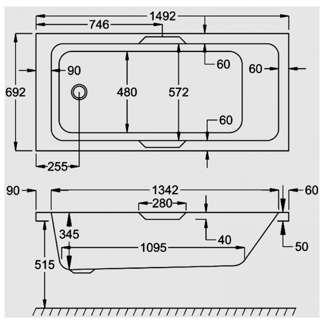 Carron Quantum Integra Eco Rectangular Bath with Twin Grips 1500mm x 700mm - Carronite  | Dimension Image