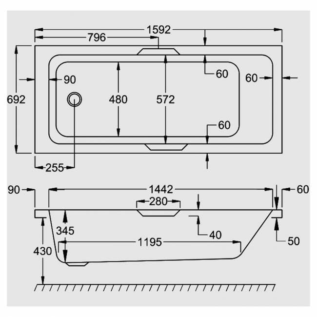 Carron Quantum Integra Eco Rectangular Bath with Twin Grips 1600mm x 700mm - 5mm Acrylic  | Dimension Image