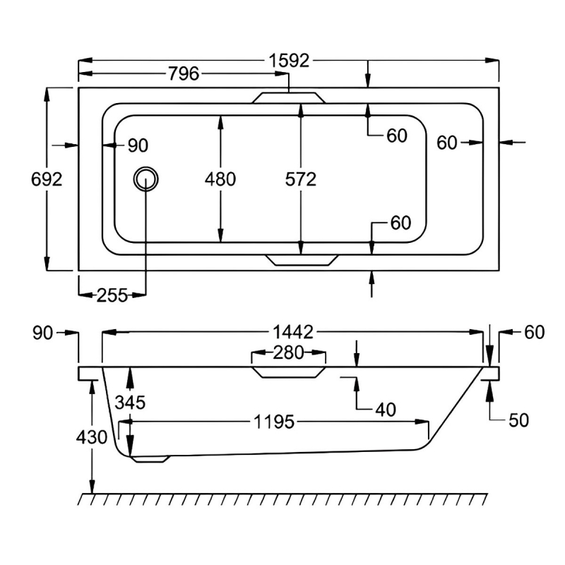 Carron Quantum Integra Eco Rectangular Bath with Twin Grips 1600mm x 700mm - Carronite