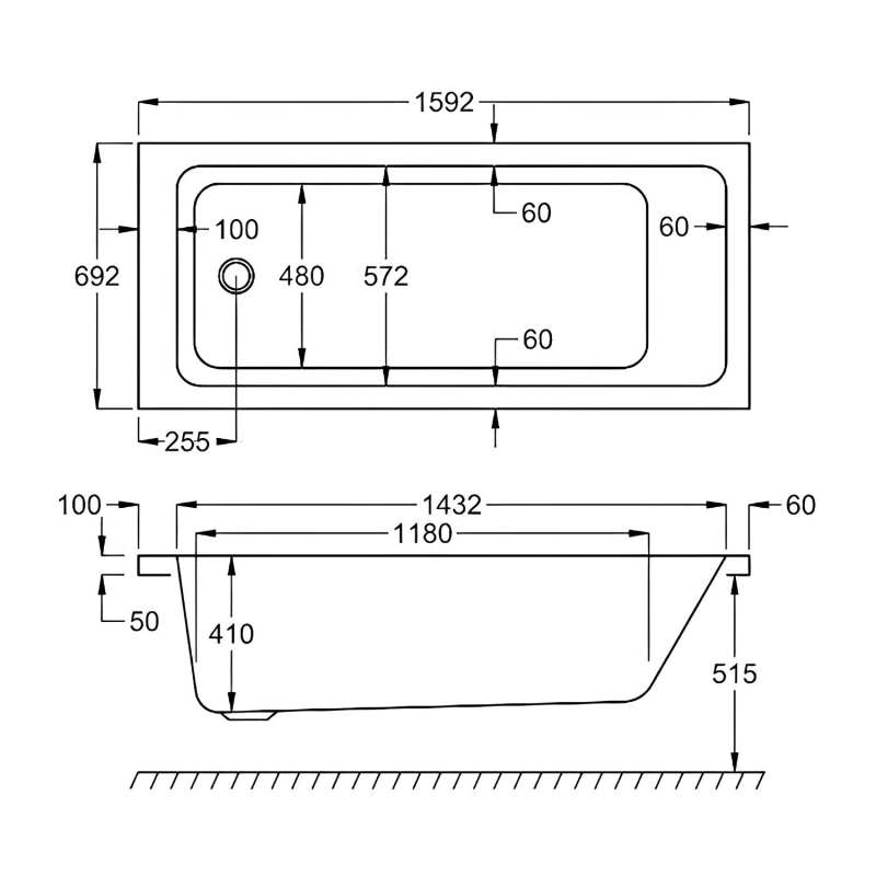 Carron Quantum Single Ended Rectangular Bath 1600mm x 700mm - 5mm Acrylic