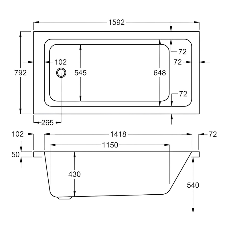 Carron Quantum Single Ended Rectangular Bath 1600mm x 800mm - Carronite