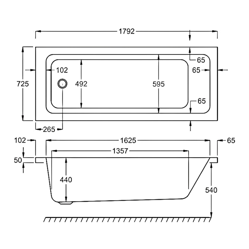 Carron Quantum Single Ended Rectangular Bath 1800mm x 725mm - 5mm Acrylic