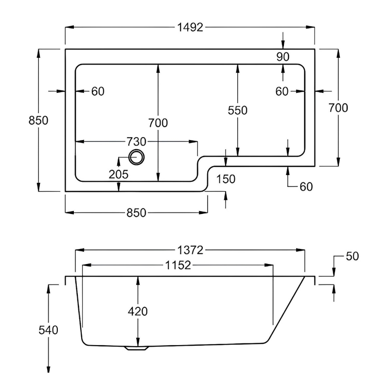 Carron Quantum L-Shaped Shower Bath 1500mm x 700/850mm Left Handed - 5mm Acrylic