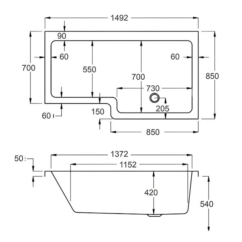 Carron Quantum L-Shaped Shower Bath 1500mm x 700/850mm Right Handed - Carronite