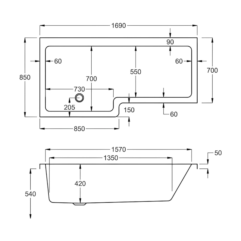 Carron Quantum L-Shaped Shower Bath 1700mm x 700/850mm Left Handed - Carronite