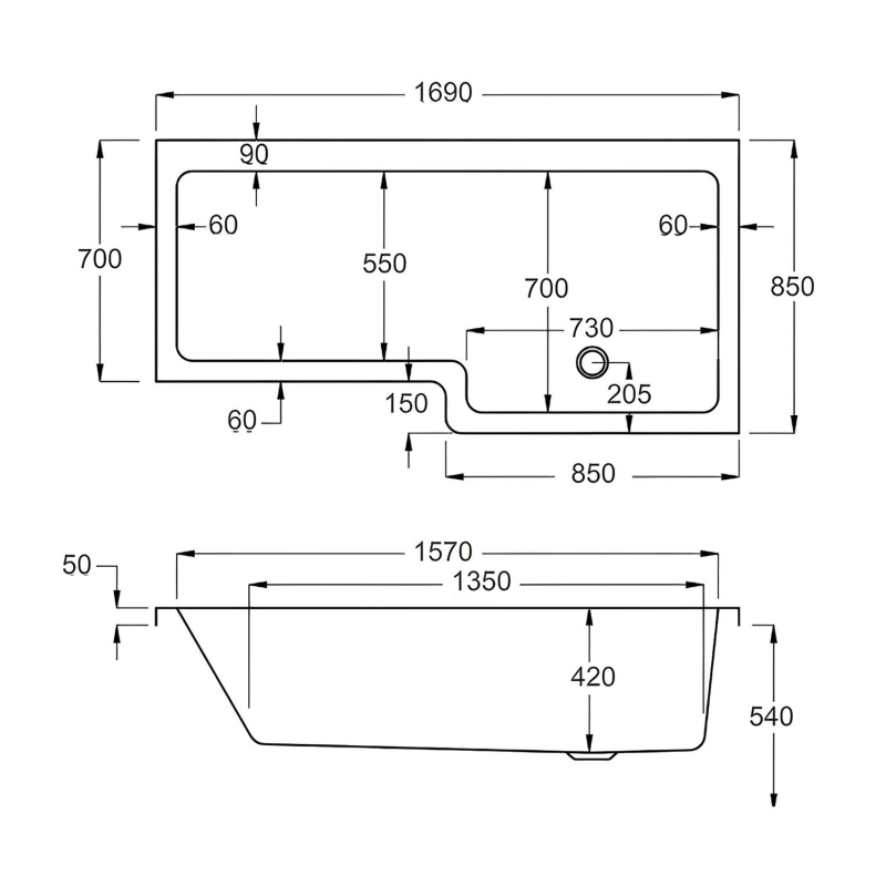 Carron Quantum L-Shaped Shower Bath 1700mm x 700/850mm Right Handed - Carronite