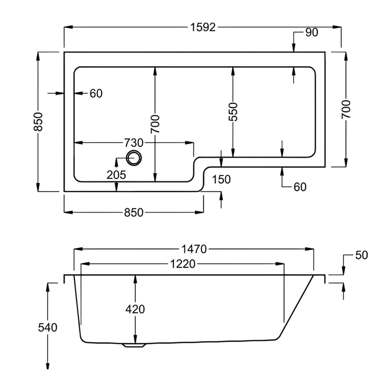 Carron Quantum L-Shaped Shower Bath 1600mm x 700/850mm Left Handed - 5mm Acrylic
