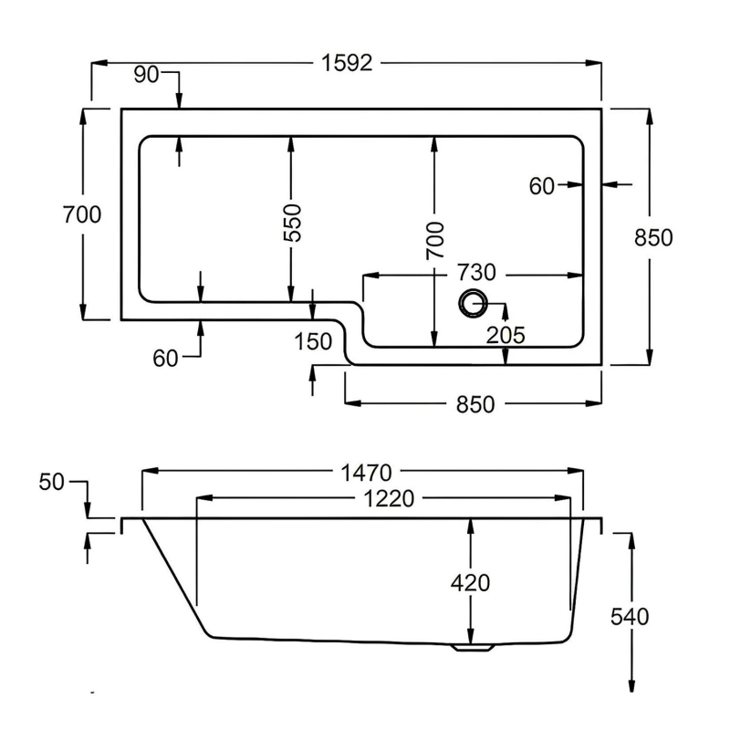 Carron Quantum L-Shaped Shower Bath 1600mm x 700/850mm Right Handed - 5mm Acrylic