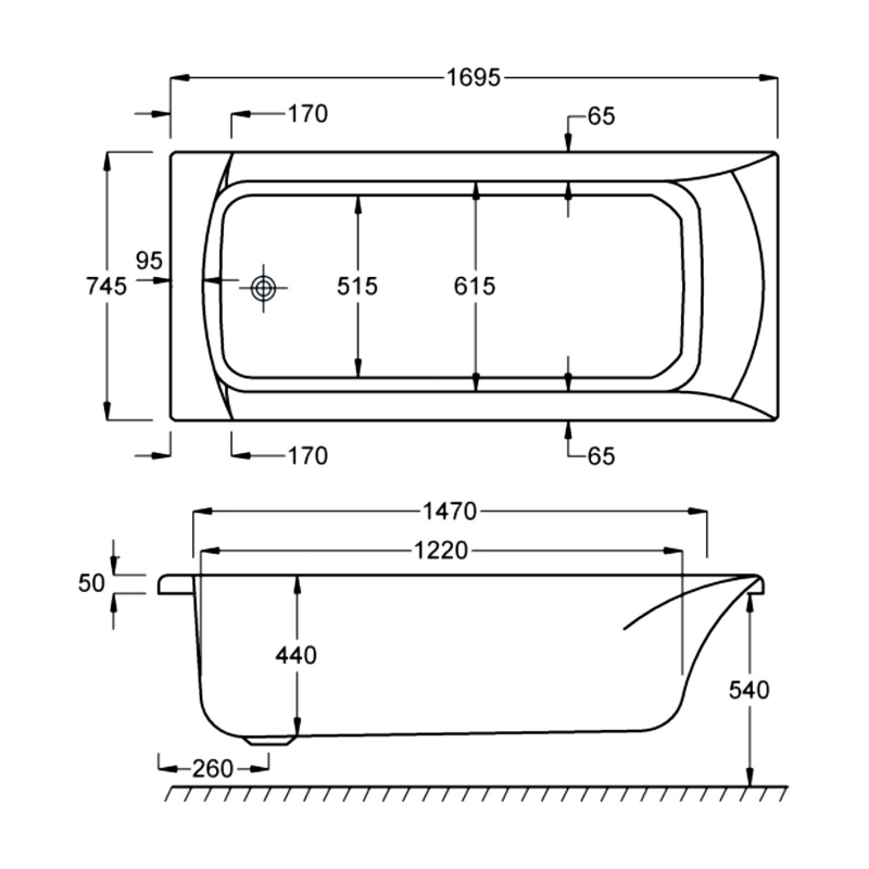 Carron Sigma Single Ended Rectangular Bath 1700mm x 750mm - 5mm Acrylic