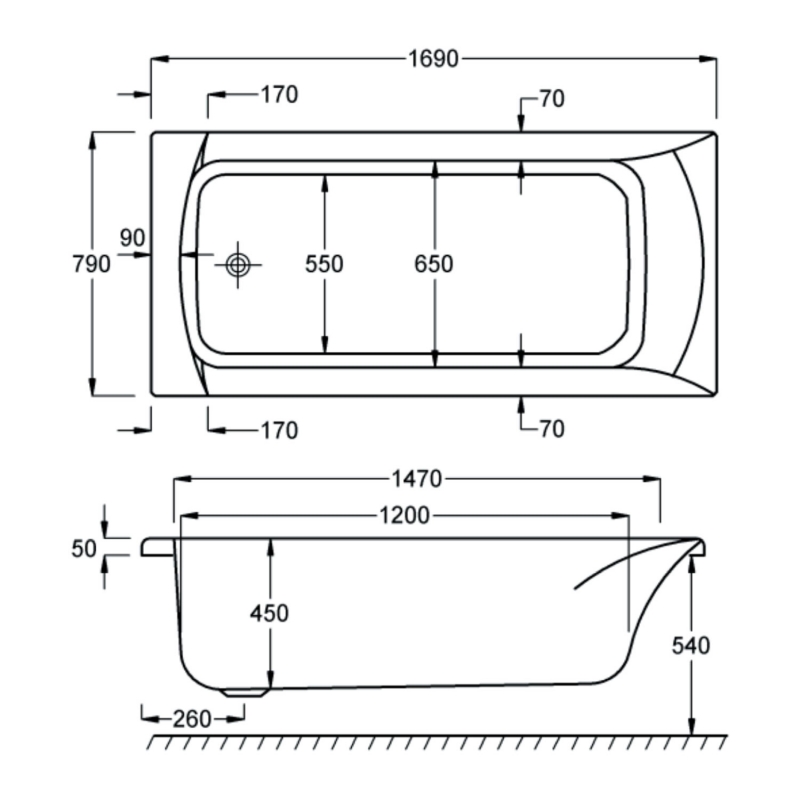 Carron Sigma Single Ended Rectangular Bath 1700mm x 800mm - 5mm Acrylic