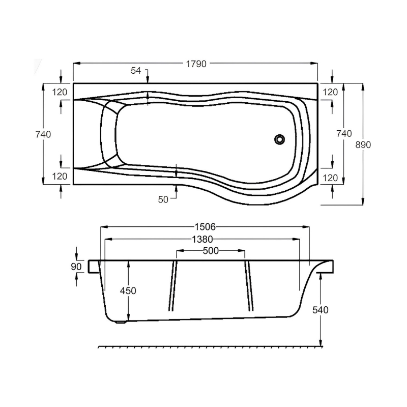 Carron Sigma Shower PShaped Bath 02474 1800mm x 750900mm Carronite