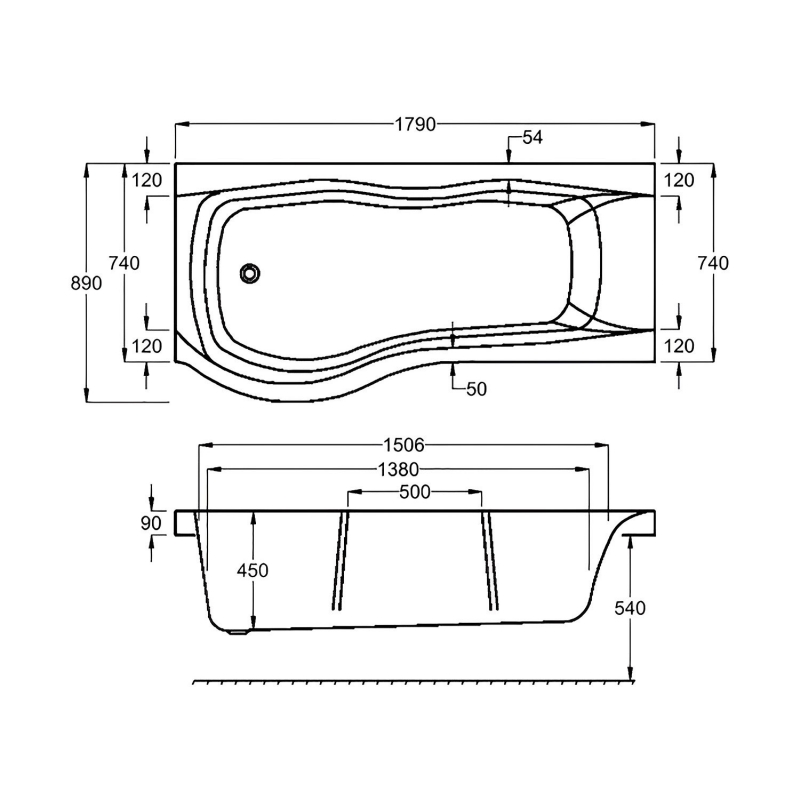 Carron Sigma Shower PShaped Bath 02471 1800mm x 750900mm Acrylic