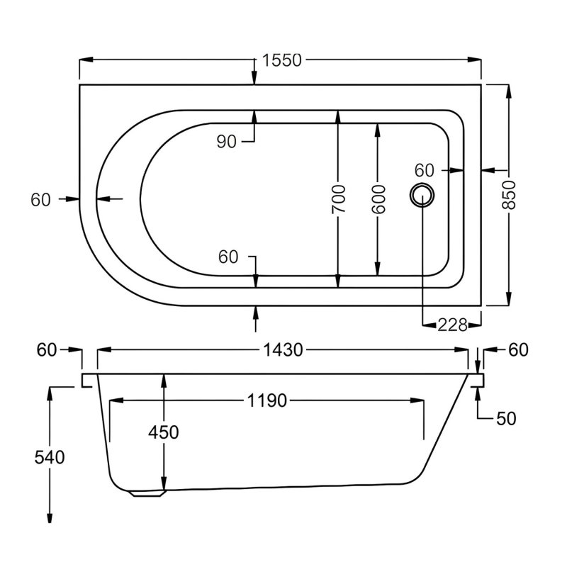 Carron Status Offset Corner Shower Bath 1550mm x 850mm Left Handed - 5mm Acrylic